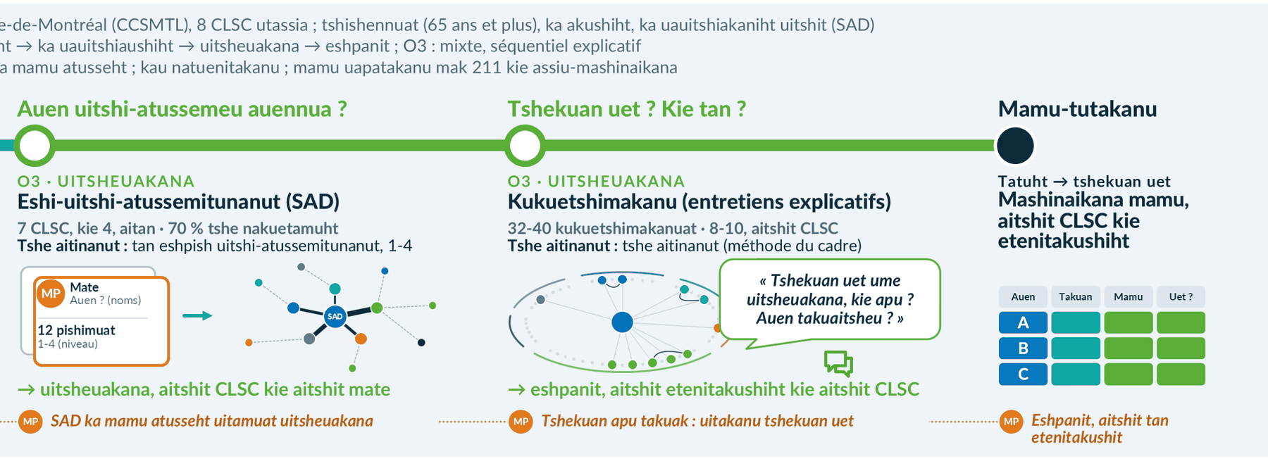 Tshe aitinanut : uitsheuakana, kukuetshimakanuat, mamu-tutakanu (réseaux, entretiens, intégration)