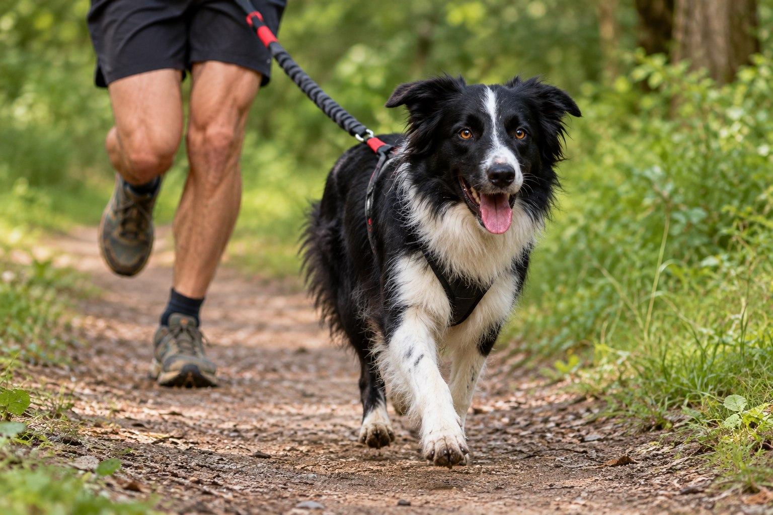 人犬越野跑插图:一只黑白母犬与后方奔跑的男子