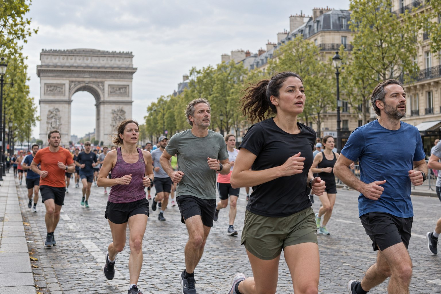 Illustration de coureurs fictifs à Paris, avec l’Arc de Triomphe en arrière-plan
