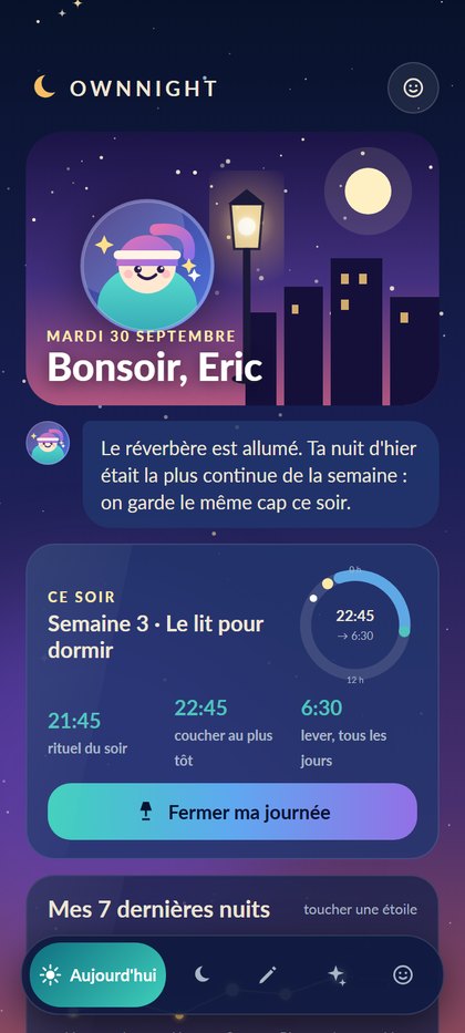 Écran d’accueil d’OWNNIGHT : la soirée et le plan de la semaine