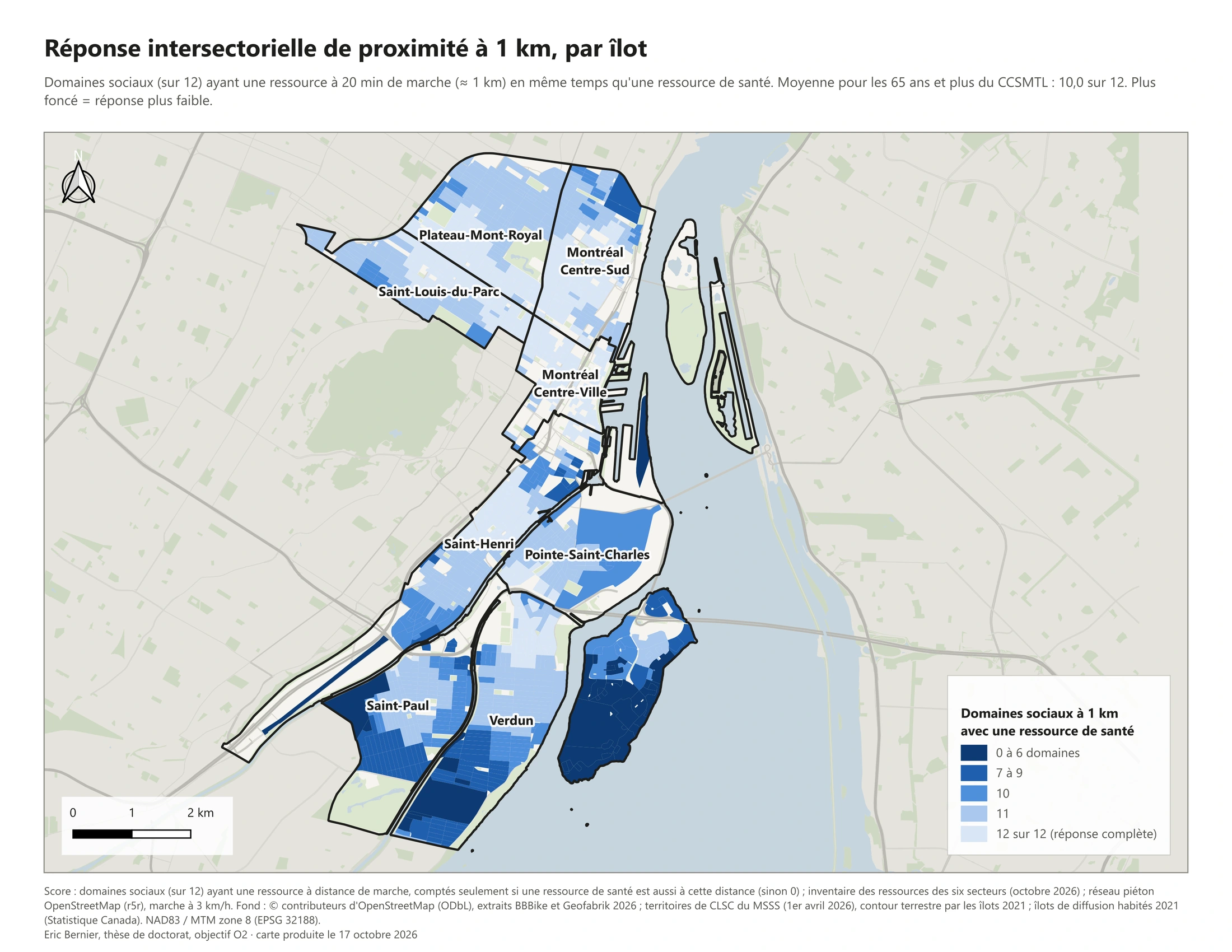 Réponse intersectorielle à 1 km (20 min de marche), par îlot