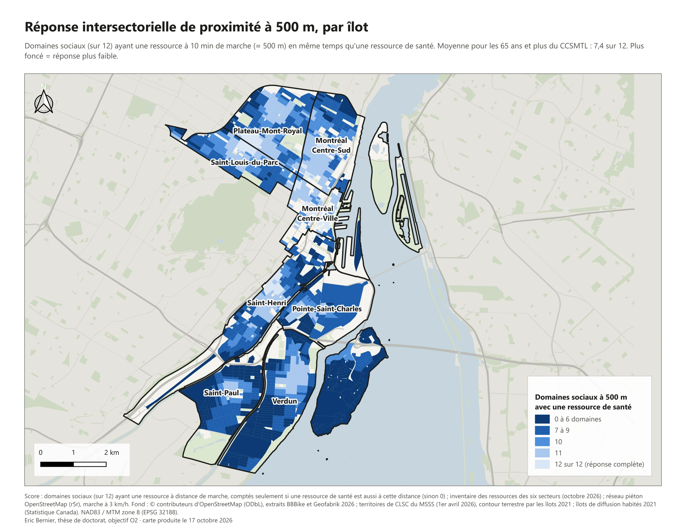 Réponse intersectorielle à 500 m (10 min de marche), par îlot