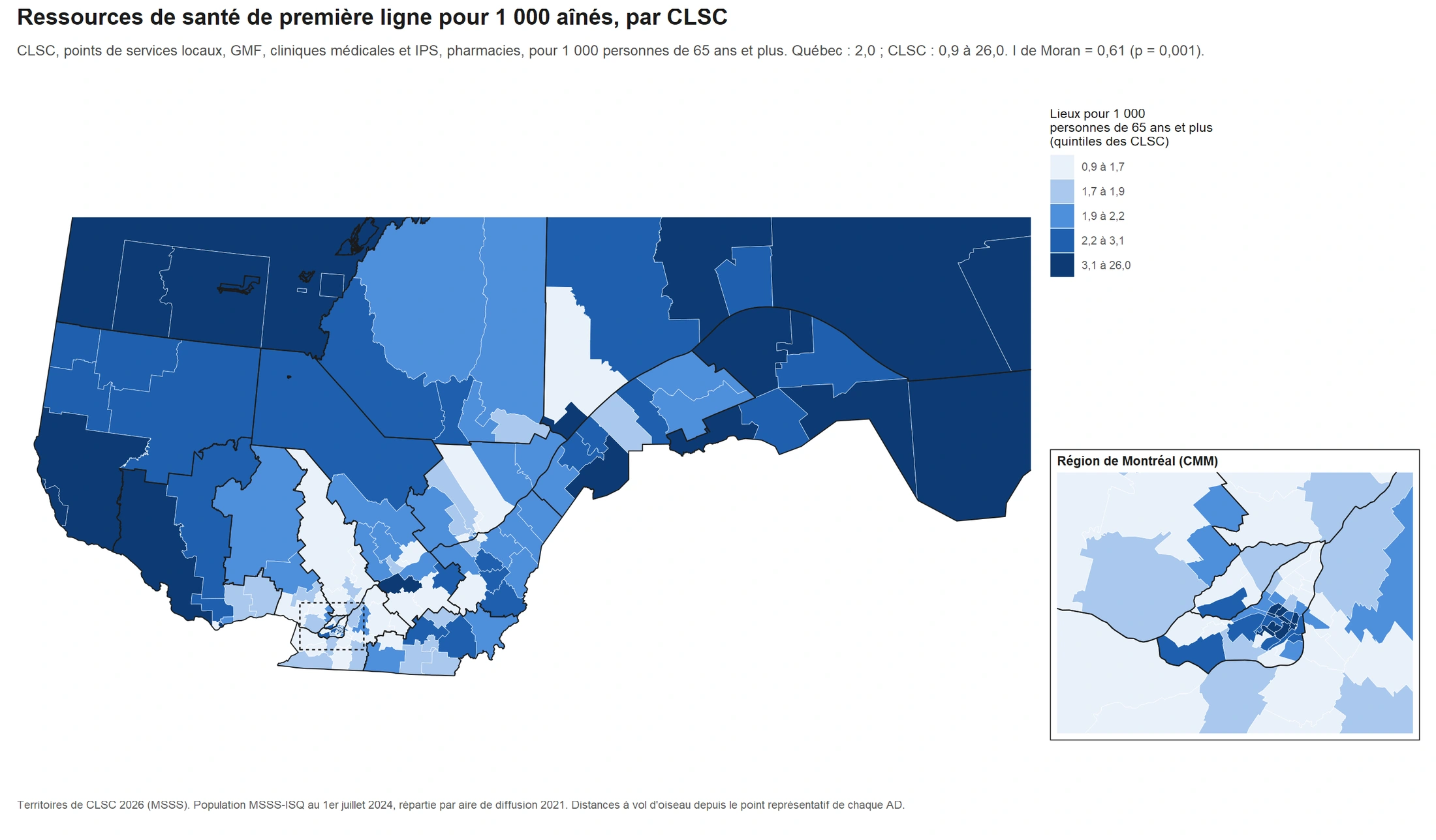 Québec · Lieux de première ligne pour 1 000 personnes de 65 ans et plus