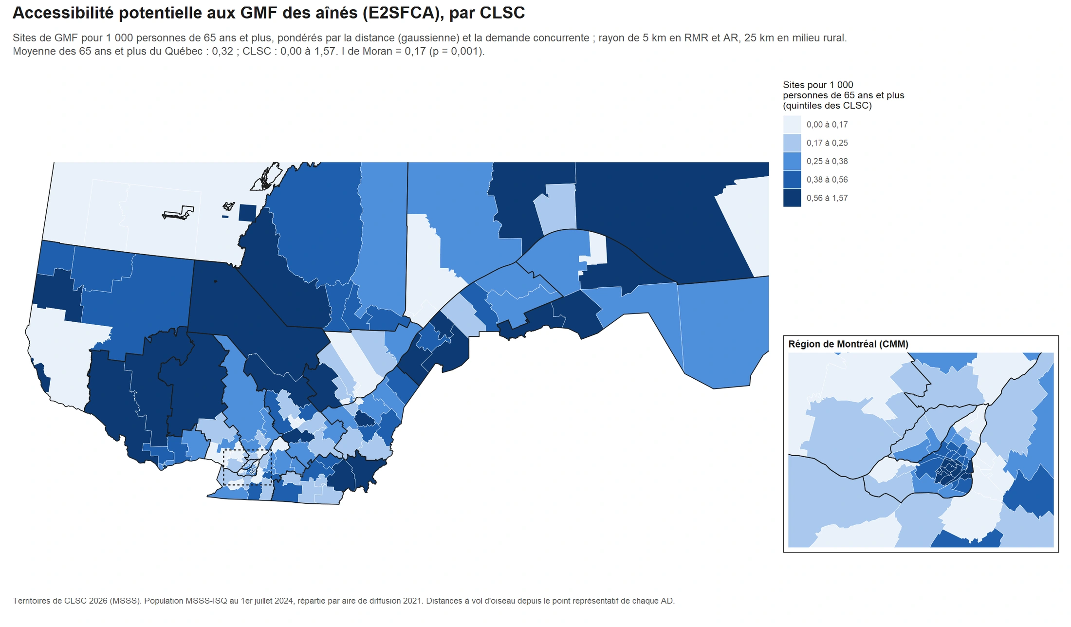 Québec · Accès aux GMF pour 1 000 personnes de 65 ans et plus