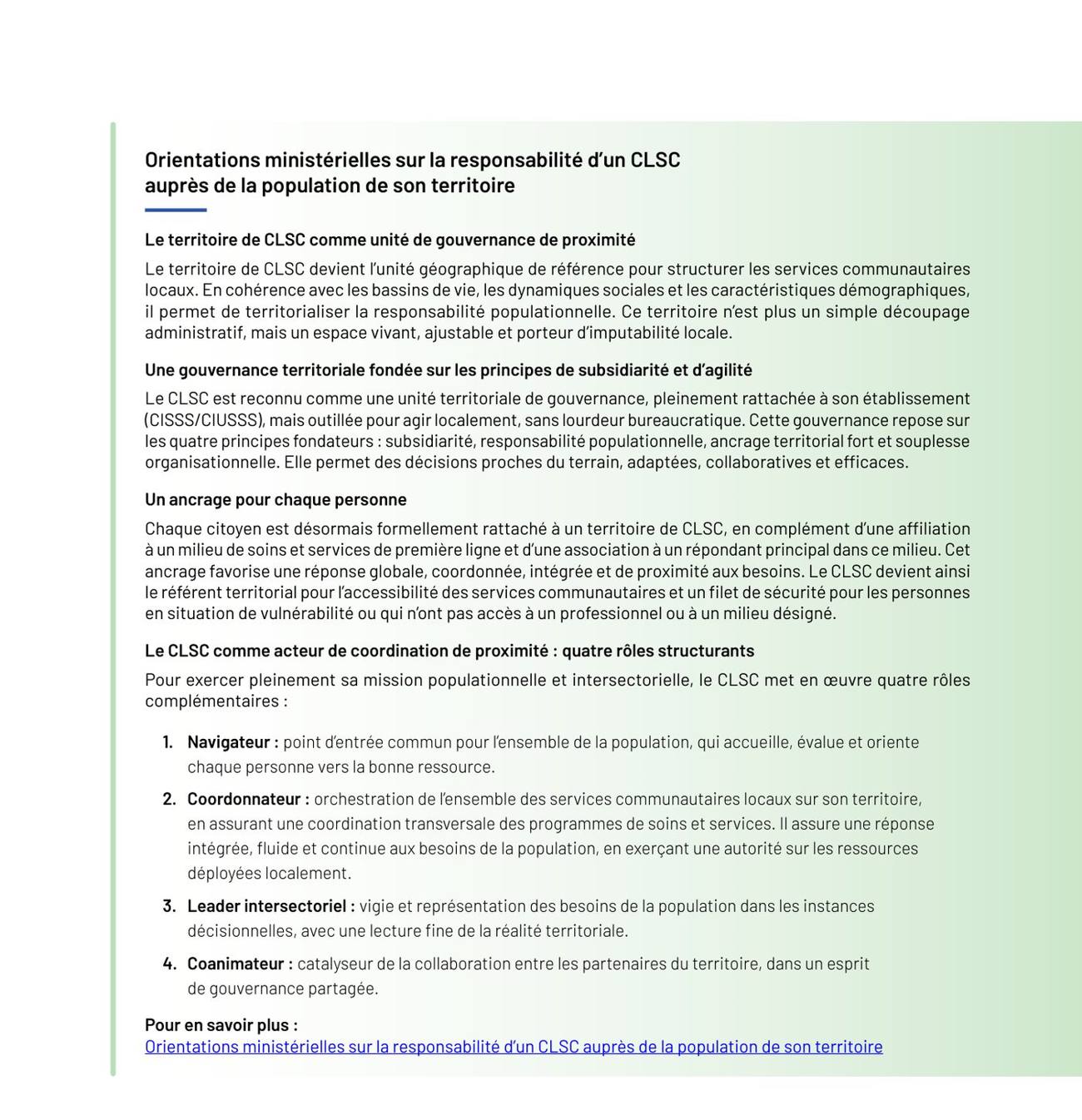Encadré de la Politique de première ligne : le territoire de CLSC et les quatre rôles du CLSC